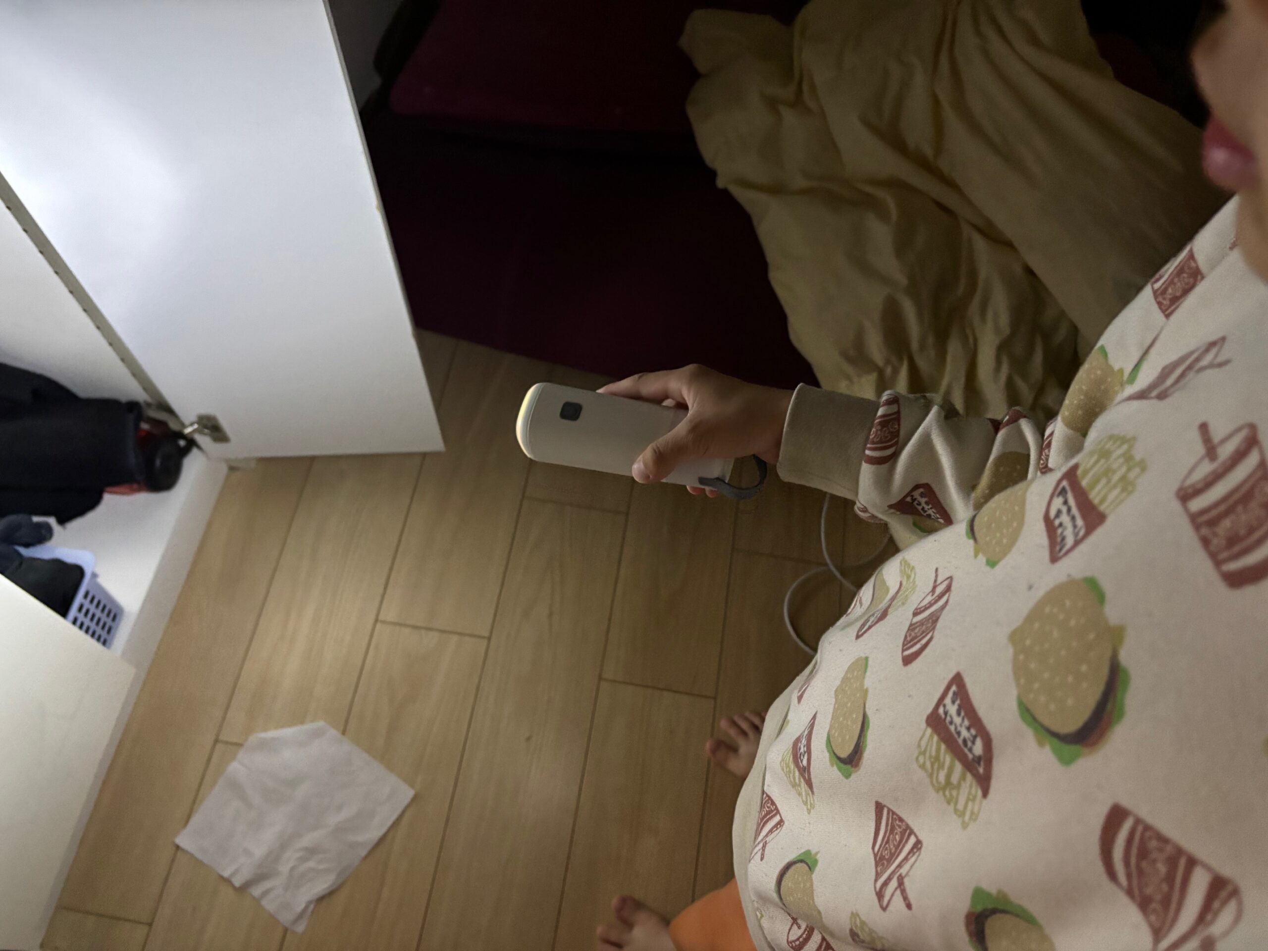 ハンディランタンのライトを点灯し棚の中に照射している男の子