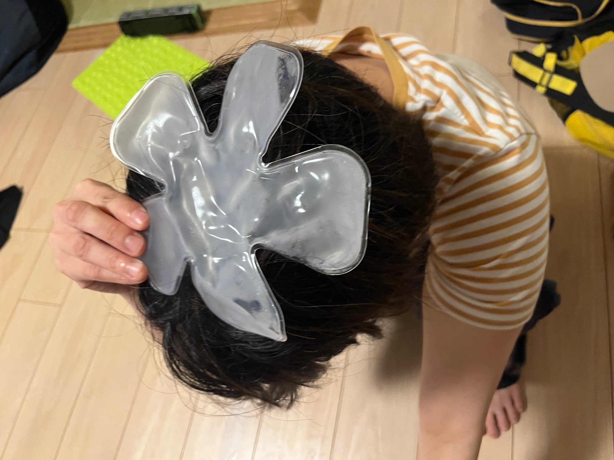 やわらかアイスパックヘッド用を凍らせて頭にのせた様子